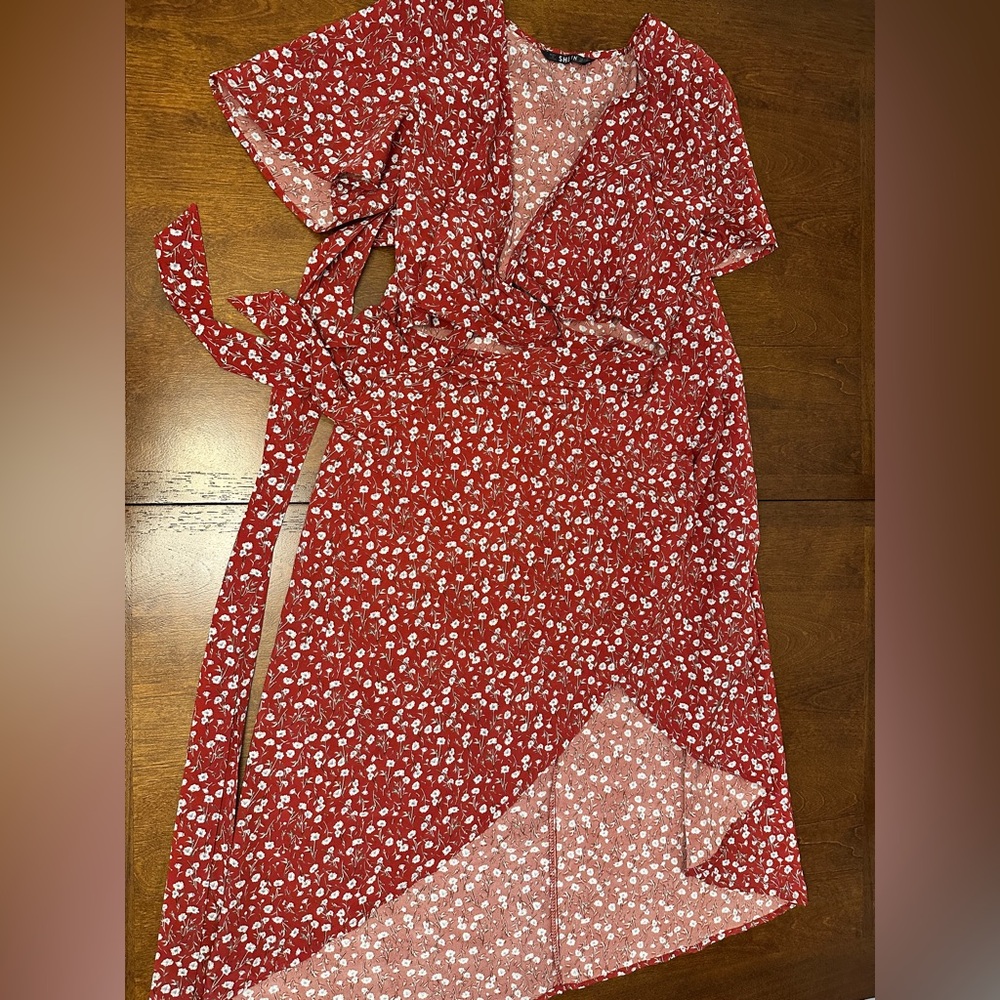 SHEIN Red Floral Two Piece Wrap Top and Wrap Skirt